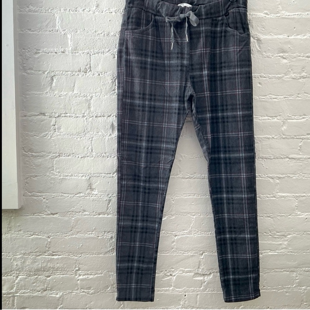 Womens 90s Relaxed Fit High Waist Pants Dark Grey Plaid Drawstring Pockets M